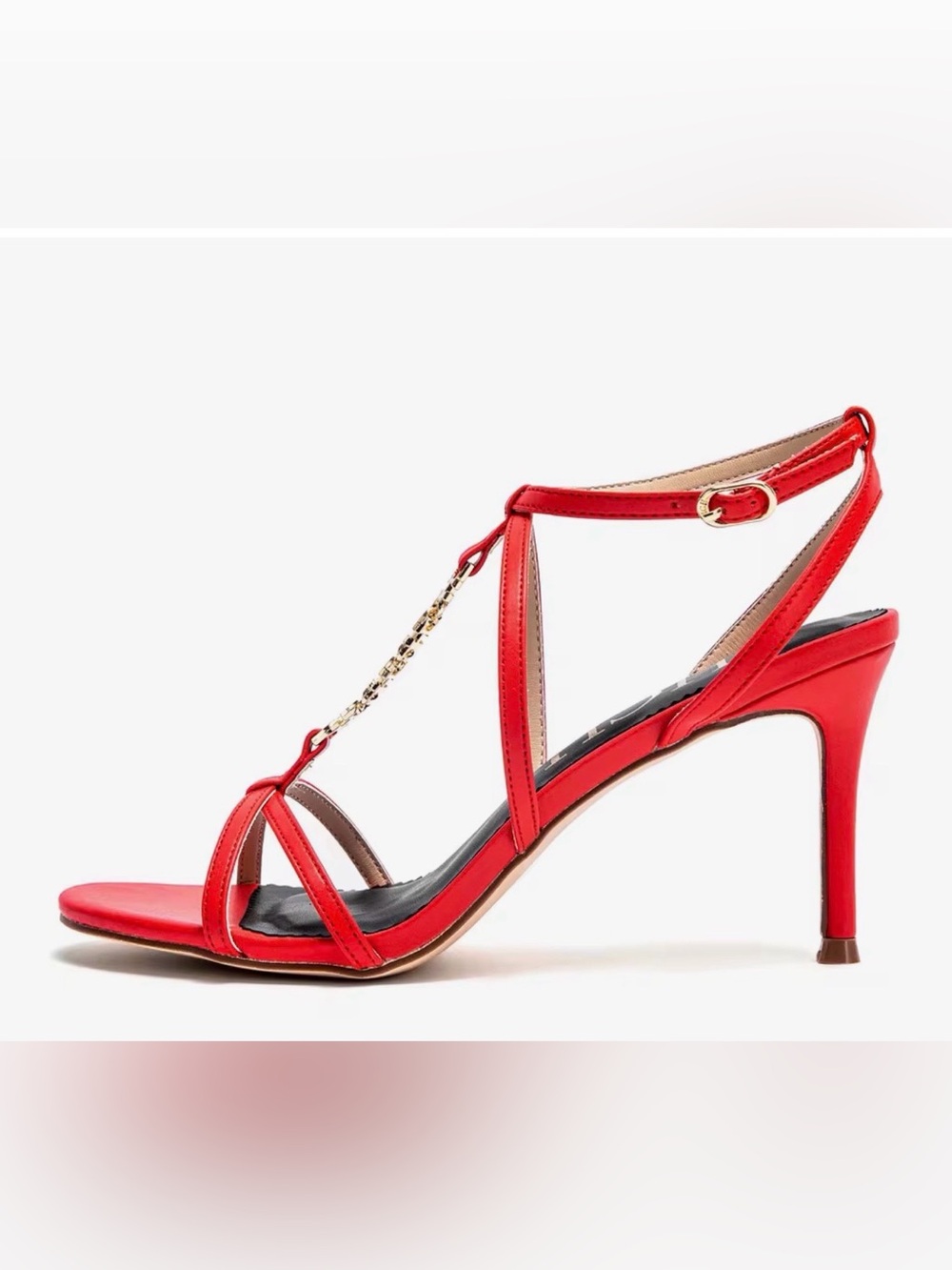 Carolina Herrera Red T-Strap Sandals with Gold Chain